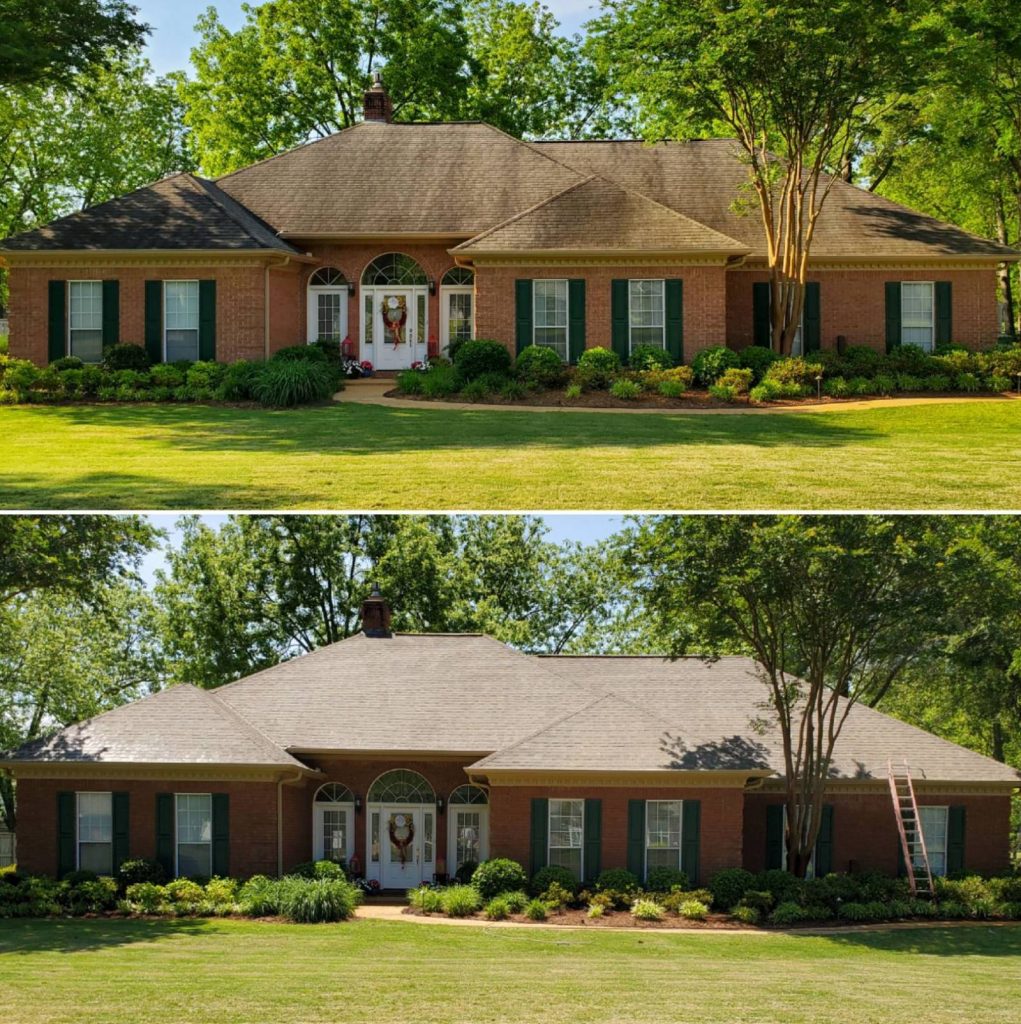 Before and after images of a home that received roof washing and house washing services