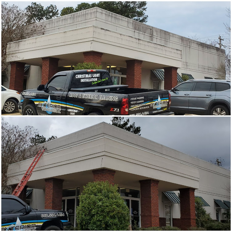 Before and after images of a commercial property that had their roof washed by the Exterior Surface Cleaning vehicle