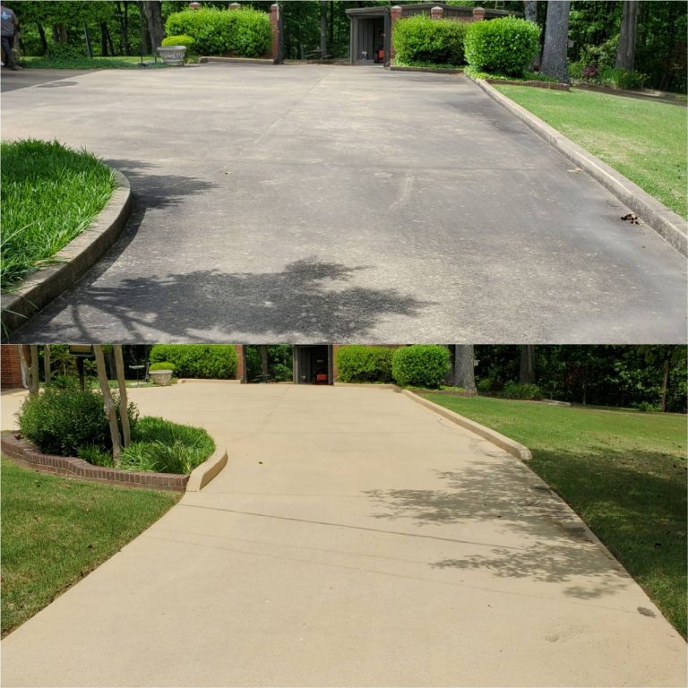 Before and after images of a driveway that was pressure washed