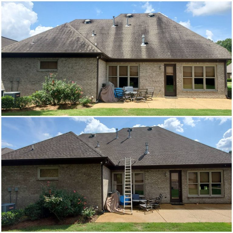 Before and after images of a roof that was professionally cleaned