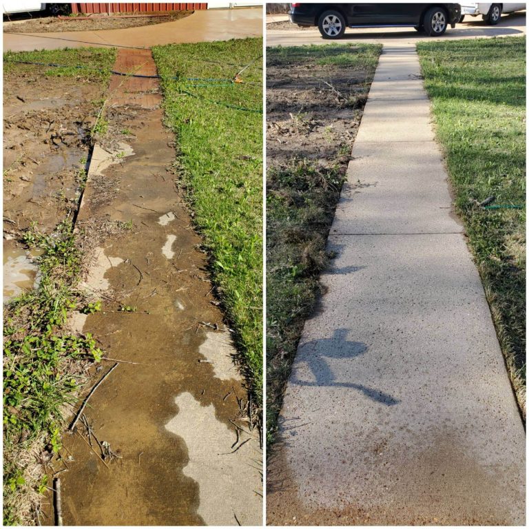 Before and after images of a concrete walkway that was pressure washed