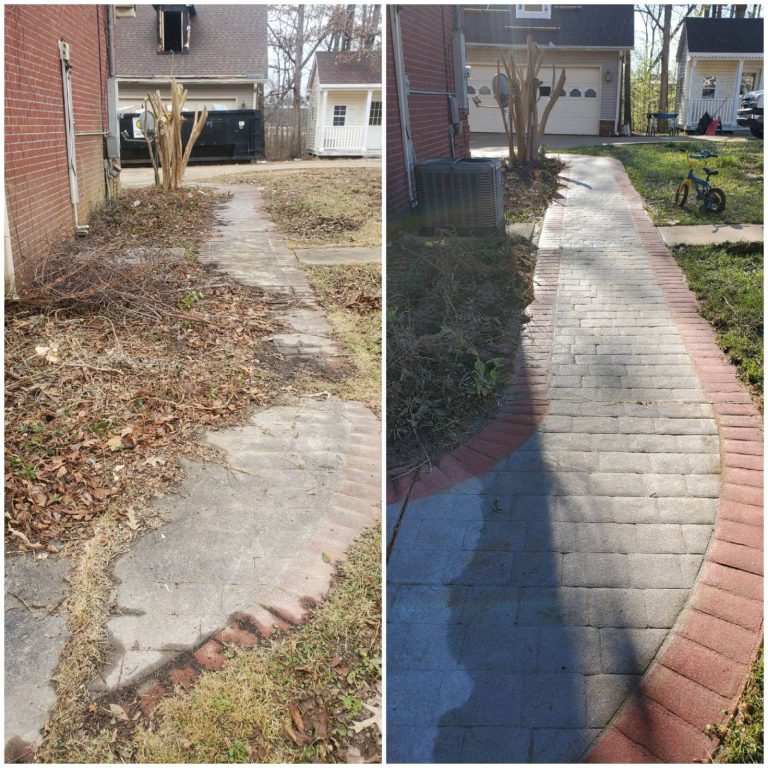 Side by side images of a concrete walkway that was dirty and deteriorated, and the results after being professionally serviced